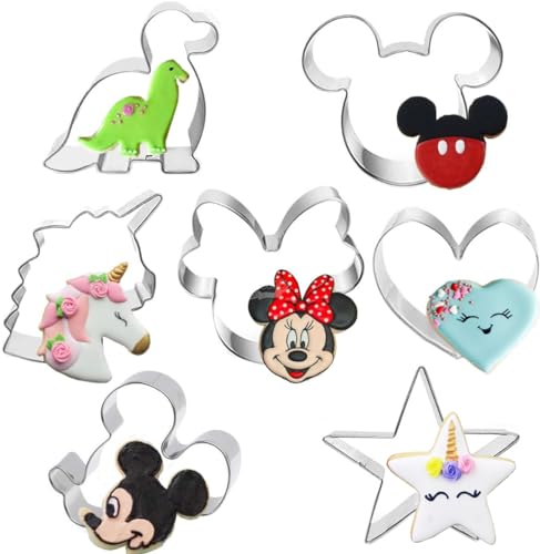 Lot de 7 emporte-pièces en forme de tête de Mickey Mouse, Minnie Mouse, licorne, dinosaure, cœur et étoile pour biscuits, sandwichs et gâteaux