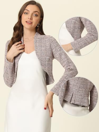 Allegra K Crop Bolero Shrug for Women's Vintage Open Front Office Long Sleeve Plaid Tweed Cardigan2
