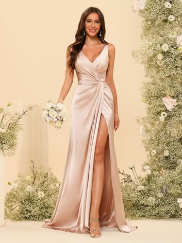 YMSHA Women's V Neck Bridesmaid Dresses with Slit Ruched Waist Satin Pleated Formal Party Dress YMS2772