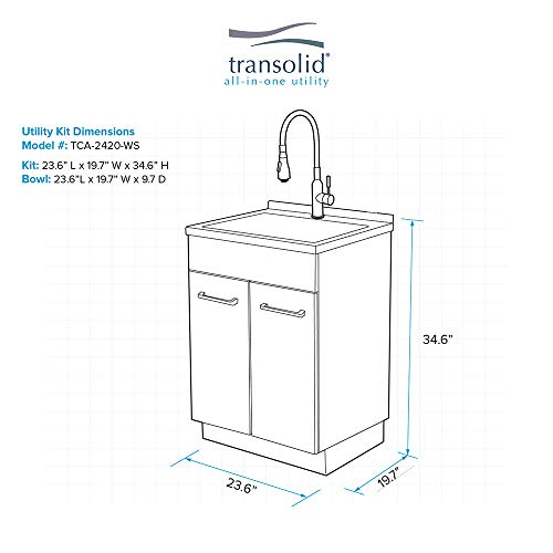 Image of Transolid 18-Gauge Stainless Steel Laundry Sink with Pre-Assembled Shaker Apron-Front Cabinet, High-Arc Faucet, Magnetic Kit, and Drain Kit, 24 x 20 x 34.6 in in White, TCAM-2420-WS