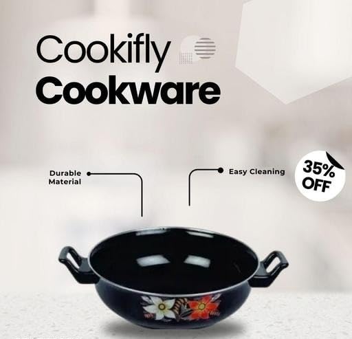 Image of Induction Cast Iron Non Stick Cookware 2 Piece Set Fry Pan Kadai Kitchen Combo Gas Stove Compatible Durable Daily Use Black Free Size