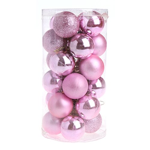 Dairyshop - 24 bolas de Navidad con purpurina de 4 cm, bolas de árbol para colgar, adorno de fiesta, decoración de boda con caja rosa Cover