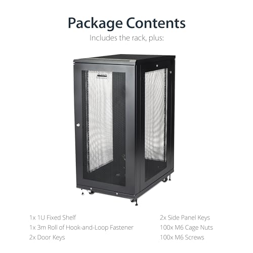 Image of StarTech 24U 4-Post Server Cabinet, 29in Deep, 992lb, Shelf (RK2433BKM) | 19in enclosed steel rack, Adjustable depth 1.8in-29in, Lockable mesh doors, Ships assembled, Casters, 450kg