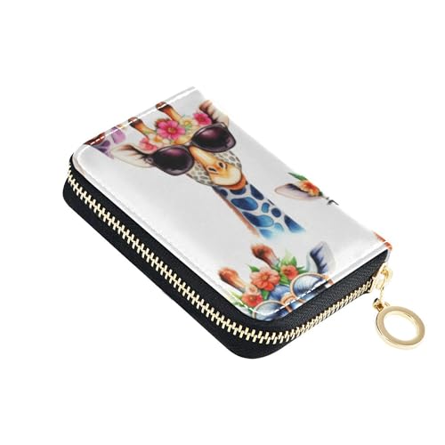 Cute Colorful Giraffes Floral White Women Wallet Leather RFID Blocking Credit Card Holders Compact Zipper Coin Purse with Key Ring
