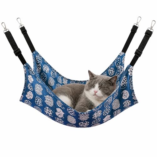 Zirax Cat Hammock Bed - Double-Layer Reinforced Breathable Pet Hanging Bed with Blue Lucky Cat Pattern Sturdy Outdoor Cat Bed for Catios Windows and Cages