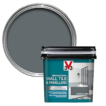 V33 Renovation Wall Tile & Panelling Paint - No Undercoat Needed - For High Moisture Surfaces - Resistant To Temperature Variations - Charcoal Grey Satin 750ml