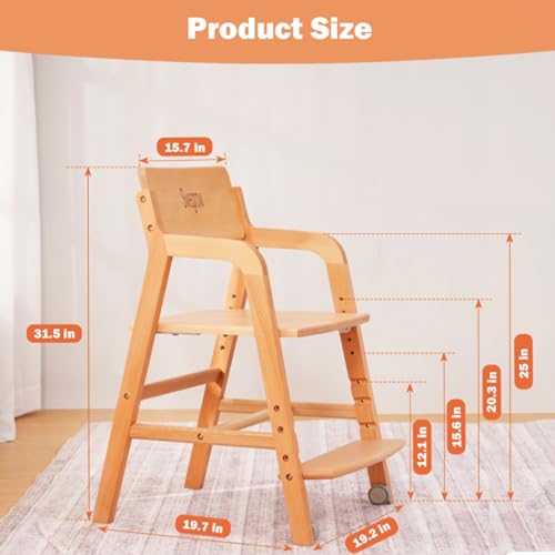 Image of Swegrow Wooden High Chair with 2 Wheels, Adjustable Seat - Backrest - Footrest Heights, Wooden High Chair for Toddlers - Kids and Baby, Kids Dining Chair with Removable Cushion(Beige)