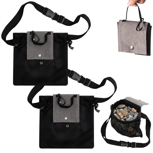 Shinylin 2 Pack Collapsible Rock Collection Pouch Mesh Foraging Bag for Collecting with Adjustable Waistband Drawstring and Fastening Hook, Outdoor Rock Mushroom Hunting Beachcombing Harvesting