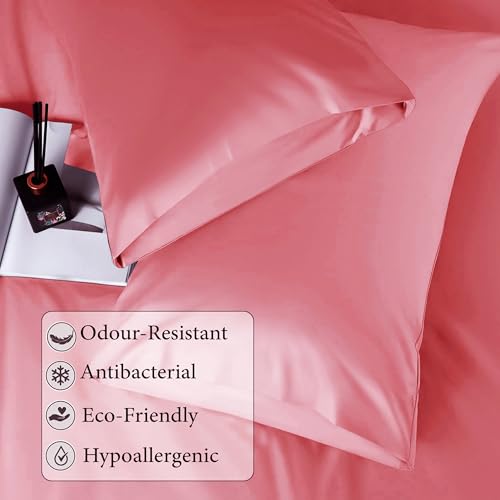 Image of RD TREND Microfiber Satin Weave Fitted Bedsheets for Queen Size Bed 78x60x10 Inch with 2 Pillow Covers-18x28 Inch | 400 TC All Around Elastic | Coral Pink