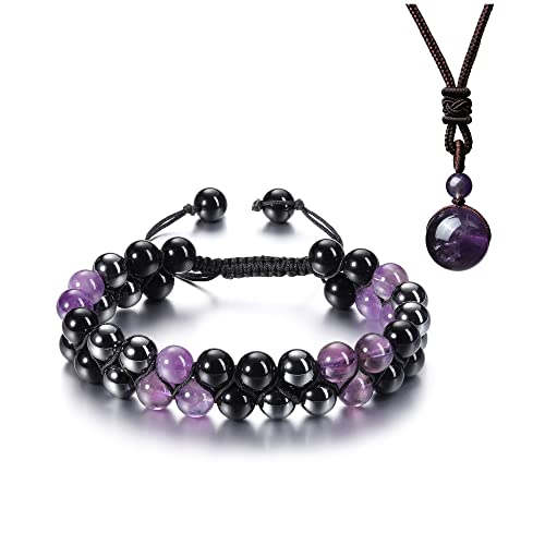 Jovivi Healing Crystal Bracelets 8Mm Genuine Amethyst Black Obsidian Hematite Bracelet 16Mm Amethyst Round Bead Pendant Necklaces With Adjustable Rope Energy Crystal Stone Jewelry For Men Women Good Luck Wealth #TOP20