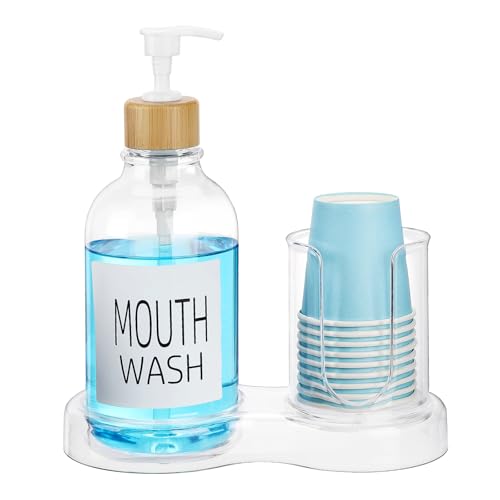 Image of Mouthwash Dispenser for Bathroom, 16oz Plastic Mouthwash Dispenser with Cup Holder and Tray Mouth Wash Bottle Container - Clear