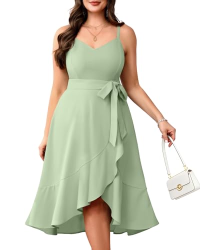 Image of Pinup Fashion Plus Size Cocktail Party Wedding Guest Semi Formal Midi Dress | Sexy V-neck, adjustable spaghetti strap, belted waist, fit and flare, flowy high-low ruffle hem, ideal for prom, homecoming