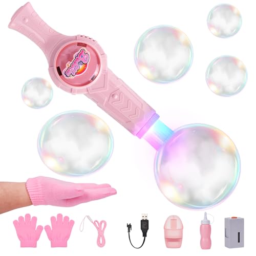 Smoke Bubble Machine Magic Elastic Bubbles Fog Wand with Colorful Lights & Music Interactive Elastic Bubbles Game Rechargeable Bubble Blowing Machine for Birthday Party Outdoor