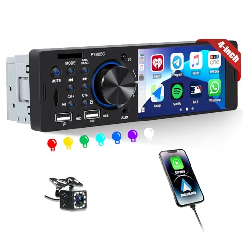 CAMECHO Autoradio 1 Din Carplay 4 Zoll Bildschirm mit Rückfahrkamera, Android Auto Bluetooth HD Touch Display Radio mit Mirror Link FM/RDS Lenkradsteuerung EQ Hintergrundbeleuchtung