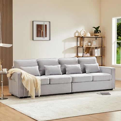 SEEDWAVE Big-Sofa 4-Sitzer großes Sofa, 264cm breites Leinen-Polstersofa, Recamiere mit Vier Lendenkissen,Big Sofa Für das Wohnzimmer (Hellgrau)