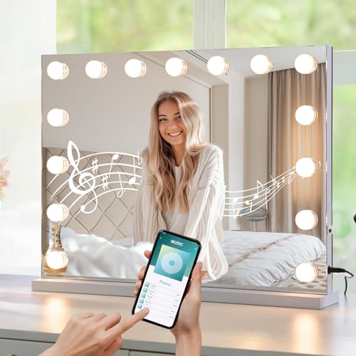 Hollywood Vanity Mirror with Lights for Makeup, 23 x 18 Large Lighted Mirror with Dimmable Bulbs, Bluetooth and USB Port
