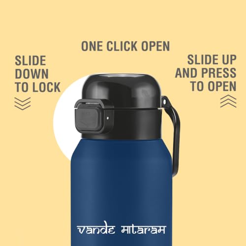Image of Milton Dual Flow 600 Thermosteel Vande Mataram Water Bottle 595 ml, One Touch Safety Lock & Twin Lid Sip or Gulp,Long Hours Hot & Cold,Leak Proof,ISI Certified,Vacuum Insulated,Office,Gym,School,Blue