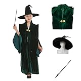 Meicogo Kids Professor Witch Cosplay Costume Halloween Wizard Cloak with Hat Wand Robe Coat (Kids Outfit, Medium)