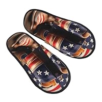 GaxfjRu American Flag with Cowboy Boots Plush Winter Slippers for Indoor Use, Soft Warm House Slippers for Guests and Home Comfort Unisex, Black, 5