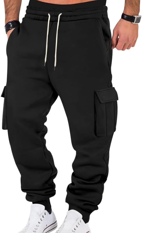 TRFIC Mens Fleece Cargo Sweatpants Heavyweight Elastic Waist Pants with Pockets Baggy Drawstring Jogger Pants