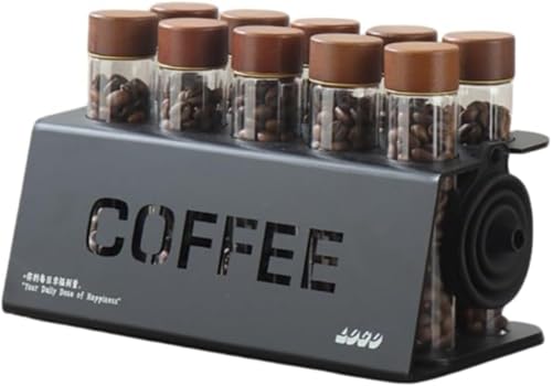 YWHT コーヒー豆保存容器、クルミ材保存瓶、漏斗付き一方向密封保存・分配ボトル、10個セット、透明密封ガラス試験管、木製/アクリルベース、カフェディスプレイスタンド (アクリル製ベース,ディスプレイスタンド / 10穴 + 大試験管10本 + 漏斗)