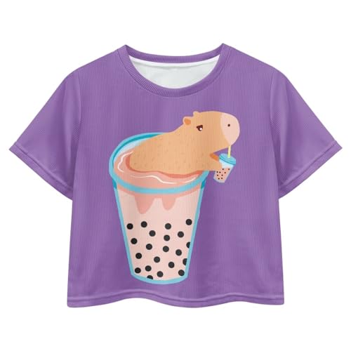 Image of Girls Crop Tees Crew Neck Casual Short Sleeve T Shirts Kids Loose Soft Comfortable Tees Blouses Shirt for Little Girl