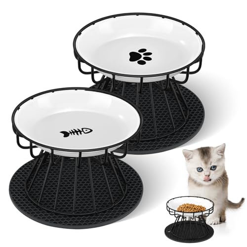 Mexgcom Katzennapf Erh&ouml;ht, 2 St&uuml;ck Katzennapf aus Keramik mit Napfunterlage Silikon Und Metallst&auml;nder, Zervixschutz-Katzennapf, Katzenn&auml;pfe f&uuml;r Futter Wasser, Schwarz