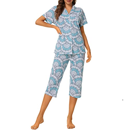 Image of Tugege Capri Pajamas Set Womens Button Down Short Sleeve Lounge Sets Sleepwear Notch Collar Top & Capri 2 Piece PJ Sets