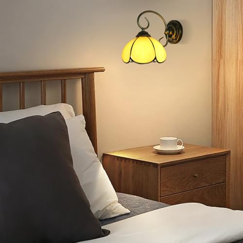 Image of 8 inch Vintage Stained Glass Wall Sconce Yellow Bending Shade Simple Wall Mounted Lamps for Bedroom Over Bed Hardwired Bathroom Lights Over Mirror Fixture with Plug Cord Switch Flower Design