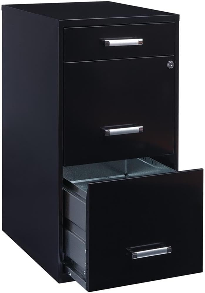 Pemberly Row 3-Drawer Metal Filing Cabinet with Pencil Drawer, 27.32" H X 14.25" W X 18.00" D, Black Finish, Locking Storage for Letter Files, Pre-Assembled Vertical Office File Organizer