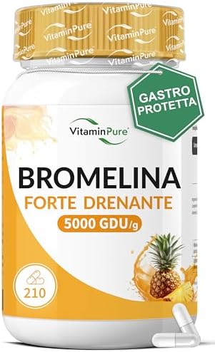 Bromelina Forte Drenante 5000 GDU/g Gastroprotetta, 210 capsule (Fino a 7 mesi di Fornitura) - Funzione Digestiva e Drenante, Contrasta la Sensazione di Pesantezza delle Gambe - VitaminPure