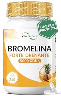 Bromelina Forte Drenante 5000 GDU/g Gastroprotetta, 210 capsule (Fino a 7 mesi di Fornitura) - Funzione Digestiva e Drenante, Contrasta la Sensazione di Pesantezza delle Gambe - VitaminPure