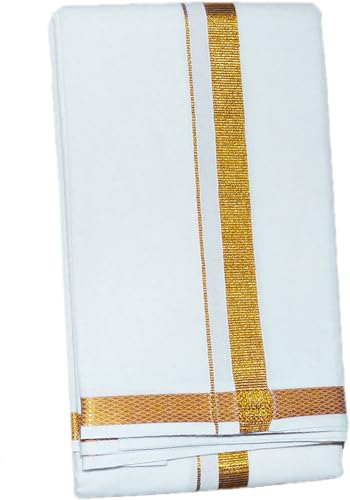Image of PRAKASAM COTTON - Jari Border Cotton Blended Dhoti For mens & Matching Jari Border Towel (Angavastaram)