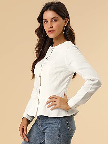 Allegra K A21042900UX0150 Women'S Peplum Denim Jackets Collarless Round Neck Button Down Cropped Ruffle Hem Jacket Small White thumb #1