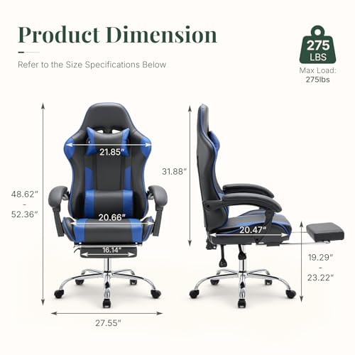 Image of High Back Ergonomic Gaming Chair for Adults, PU Leather Computer Desk Seat with Adjustable Headrest and Footrest, Linkage Armrests, 360 Swivel, Height Adjustable, Blue
