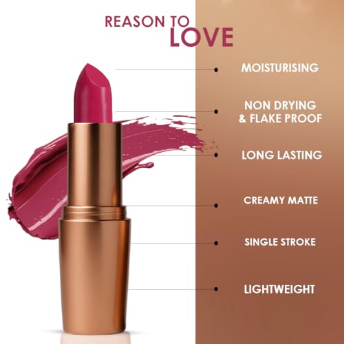 Image of One Wish Creamy Matte Lipstick Long Lasting for Women - Pink Rules Shade 25 | Full Coverage | Creamy Formula | No Flaky Lips | No Dryness | Vitamin E, Almond Oil & Shea Butter for Moisturising Lip | 8 Hrs Lasting | Smooth Finish | 3.8 gm