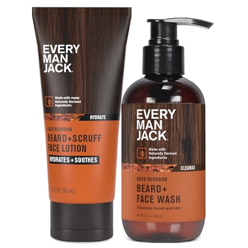 Every Man Jack Mens Beard + Face Wash & Scruff Face Lotion Set - Subtle Aged Bourbon Scent - Naturally Cleanse Hydrate and Soothe Your Beard & Skin