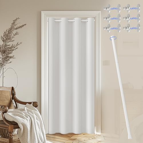 JCyh Cortina Puerta con Barra Extensible y Botón Magnético, Cortinas Termicas Aislantes Frio y Calor Ojales,1 Pieza Cortina Opacas para Salón, Cortina Cocina Puerta, Cortina Blanco + Barra Blanco