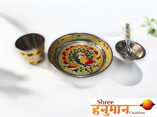 Image of Shree Hanuman Creations Laddu Gopal| Thakur ji| khanha| Bal Gopal ke Bartan /Pooja thali Small- 4 pcs Set - Multicolor Minnakari Stainless Steel Bhog Thali with Glass, Bowl and Spoon