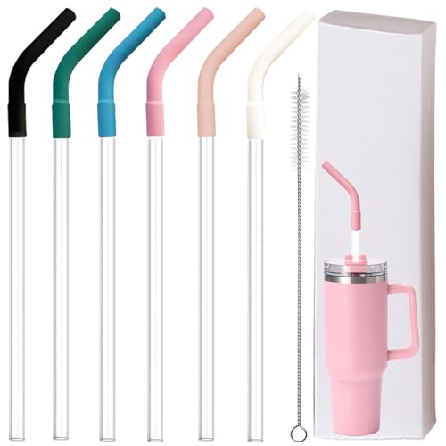 6 Pcs Reusable Silicone Straw Tips with 6 Pcs Clear Plastic Straws Compatible with Stanley 40/30 oz Cup Tumbler 8mm Drinking Long Straws with Flex Elbow Silicone Covers, 1 Cleaning Brush