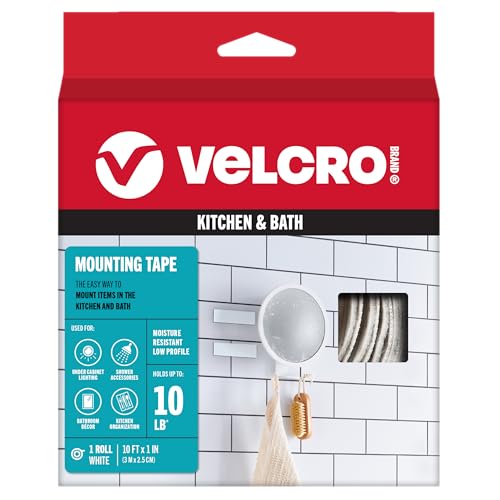 VELCRO Brand Kitchen and Bath Mounting Tape. Moisture Resistant Thin Design for Flush Mount. 10ft Heavy Duty Roll Holds 10 pounds. Easy Peel and Stick Application, White