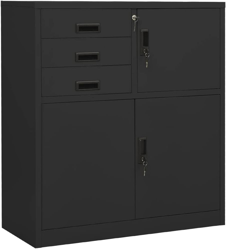 Office Cabinet Anthracite Steel Medium Cabinet Rectangular with 3 Drawers and Adjustable Shelf for Secure Storage and Modern Workspace Organization