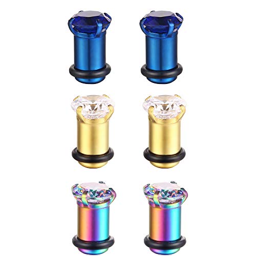 3Pairs Lightweight Ear Gauges Plugs Tunnels 4G/5mm 316L Stainless Steel Prong Setting Clear/Blue/Rainbow CZ Ear Stretcher Expander Plugs with Rubber O-Rings (B02:3Pairs(4G=5mm))