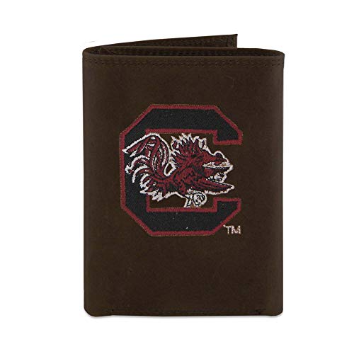 NCAA South Carolina Gamecocks Zep-Pro Crazyhorse Leather Trifold Embroidered Wallet, Light Brown