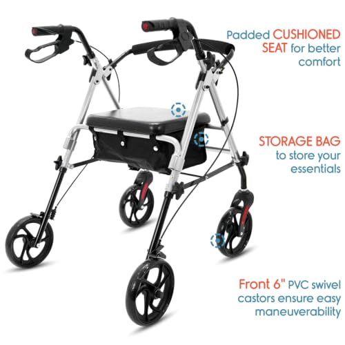 Image of Kosmocare Folding Rollator Walker with Seat & Removable Back Support | Rollator for Old People with Wheels | Lightweight Walkers for Seniors | Medical Walker for Old People (Silver)
