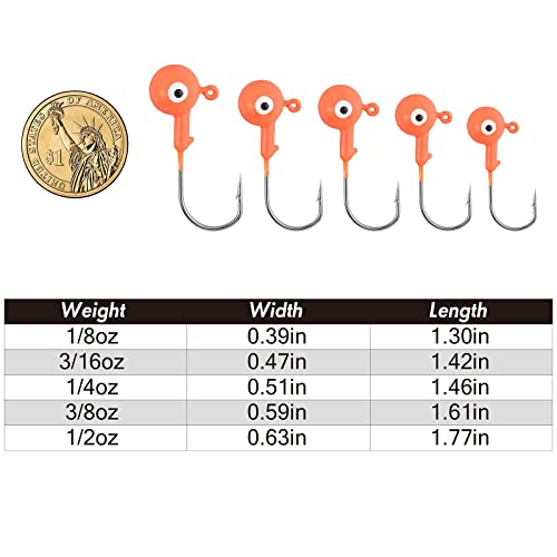 Alwonder 10 Pack Round Fishing Jig, Bass Ball Jigs 3D Eyes High Carbon Steel Jig Hooks Bass Lures Jig Heads Freshwater Saltwater Surf Fishing Jigs For Walleye Striper Pompano, Orange-3/8Oz #TOP6
