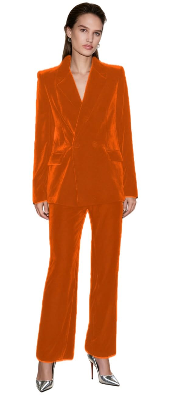 Botong Velvet Pants Suit for Women Double Breasted Office Lady Suit Prom Tuxedos Christmas Outfits Orange