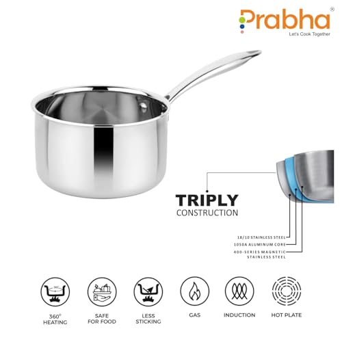 Image of Prabha Prima Saucepan without Lid, Stainless Steel, Kitchen Sauce Pan Utensils, 12cm, 0.9L, Sauce Pan Container, Induction & Gas Stove Suitable, teapan, milkpot, milkpan, egg /milk /water boiler chaipan