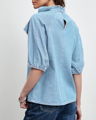Women Puff Short Sleeve Denim Shirt Pullover Casual Mock Neck Jean Blouse Top with Bow2