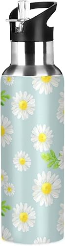 White Gentle - Botella de agua con diseño de margaritas y margaritas para niños, con tapa con pajilla, termo de acero inoxidable aislado a prueba de